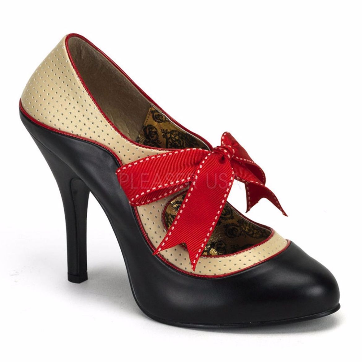 Product image of Bordello Tempt-27 Black-Cream Pu, 4 1/2 inch (11.4 cm) Heel, 1/2 inch (1.3 cm) Platform Court Pump Shoes