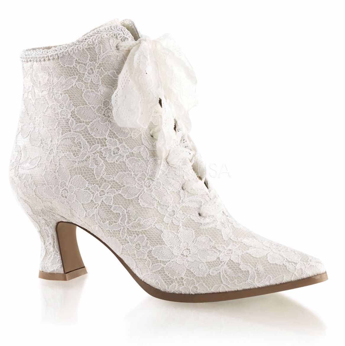 Product image of Fabulicious Victorian-30 Ivory Satin-Lace, 4 3/4 inch (12.1 cm) Heel, 1 inch (2.5 cm) Platform Ankle Boot