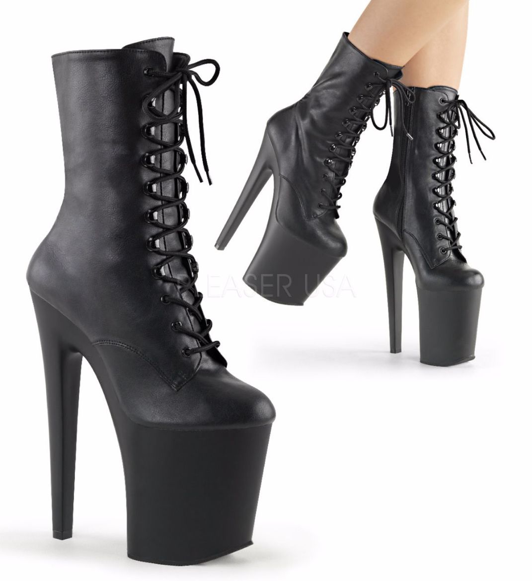 Product image of Pleaser Xtreme-1020 Black Faux Leather/Black Matte, 8 inch (20.3 cm) Heel, 4 inch (10.2 cm) Platform Ankle Boot