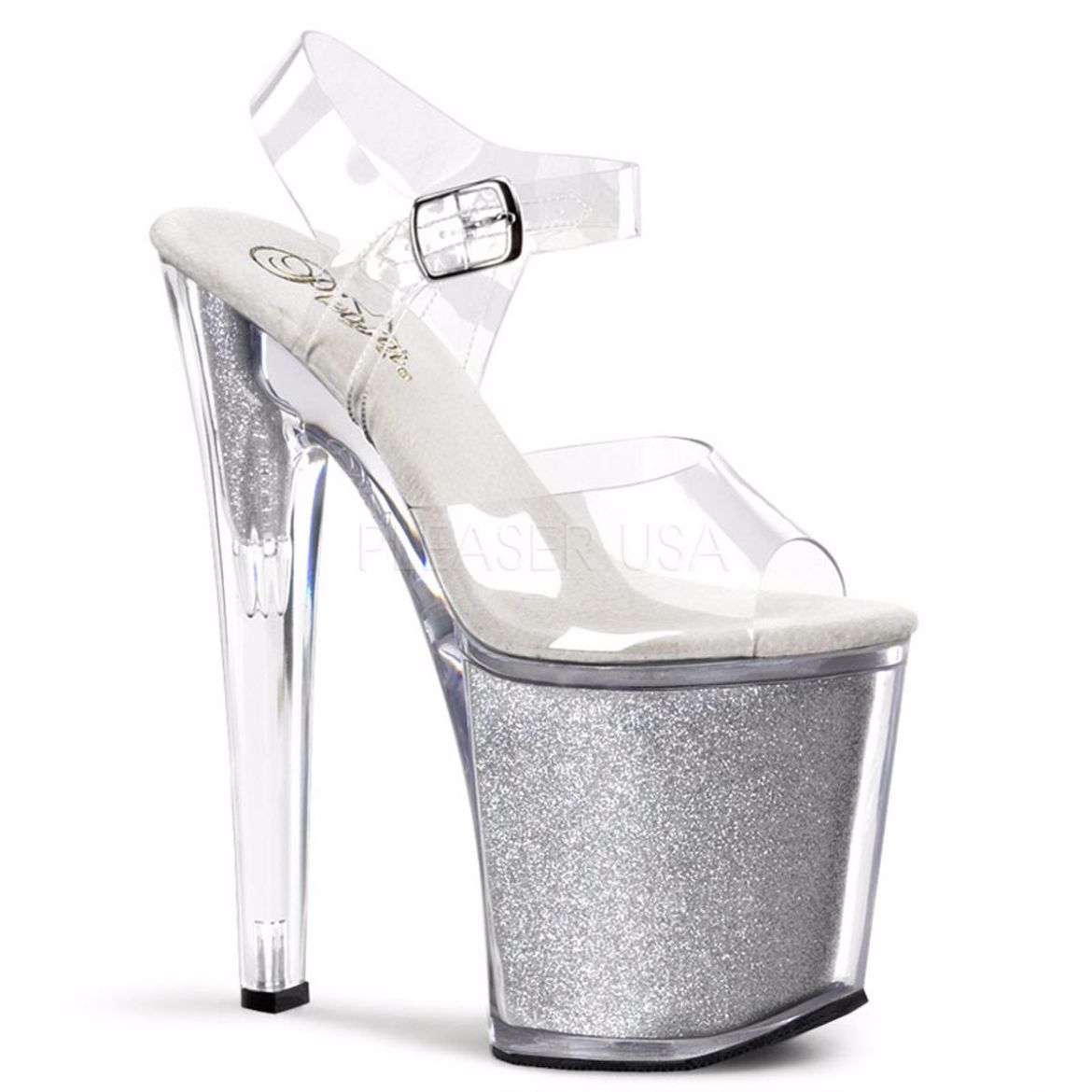 Pleaser Xtreme 808G Clear Silver Glitter 8 inch 20.3 cm Heel 4 inch 10.2 cm Platform Sandal Shoes