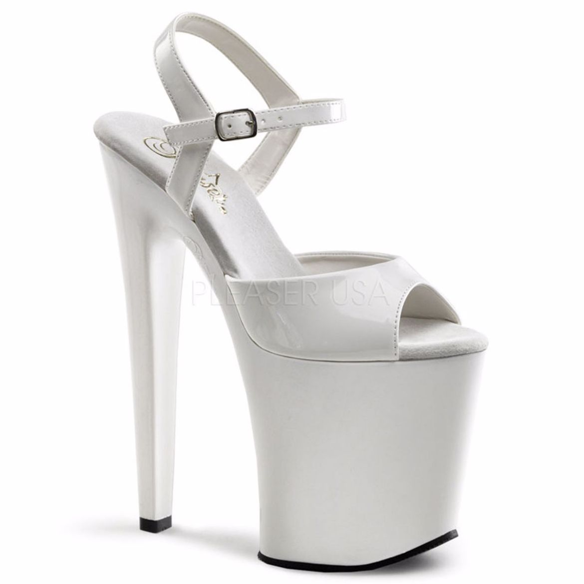Product image of Pleaser Xtreme-809 White Patent/White, 8 inch (20.3 cm) Heel, 4 inch (10.2 cm) Platform Sandal Shoes