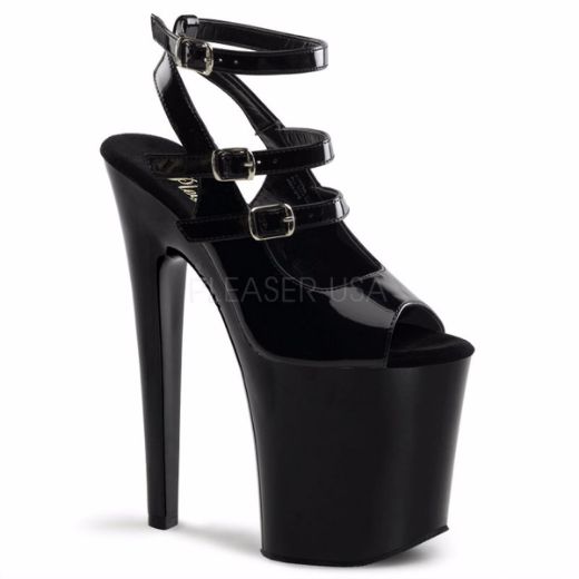Product image of Pleaser Xtreme-873 Black Patent/Black, 8 inch (20.3 cm) Heel, 4 inch (10.2 cm) Platform Sandal Shoes