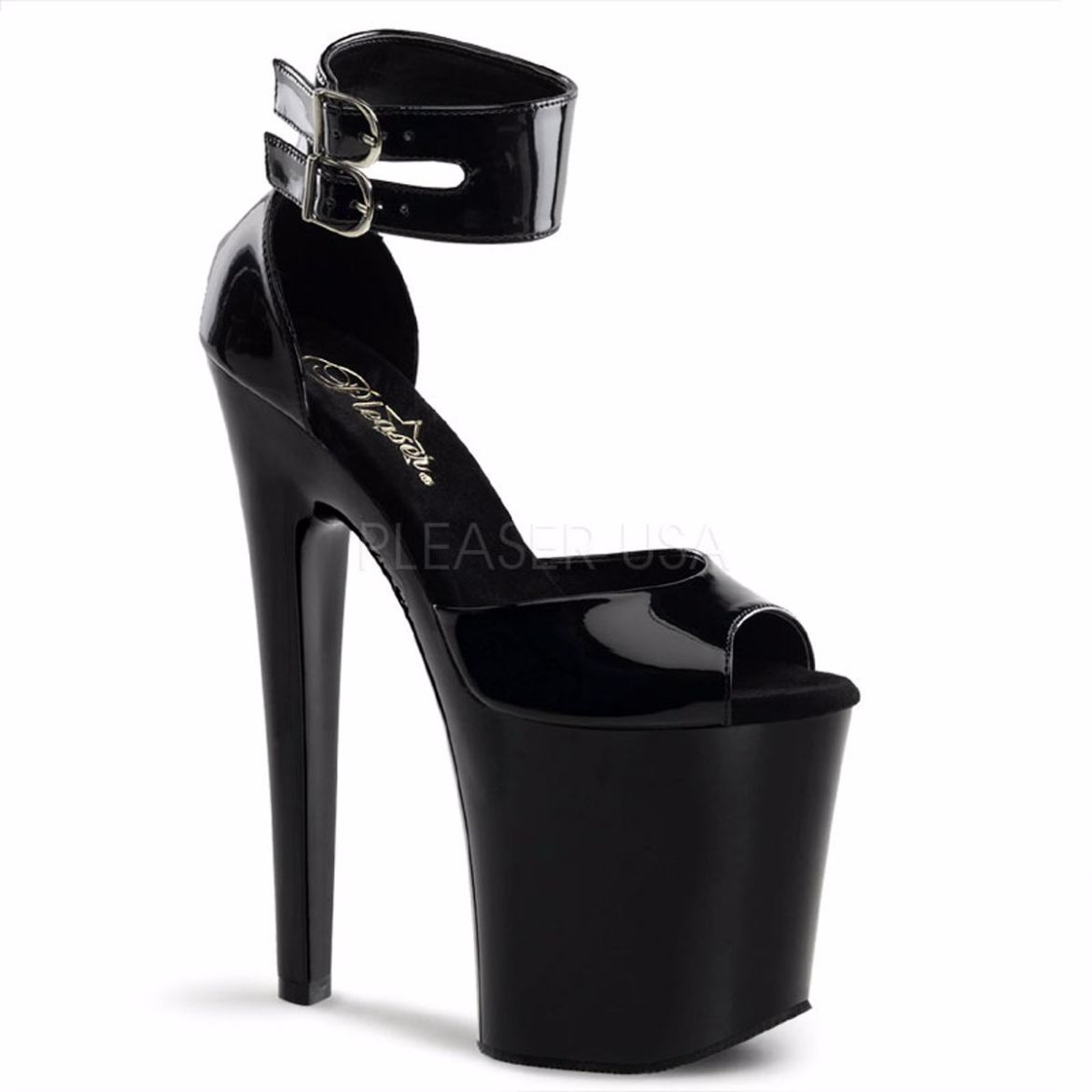 Product image of Pleaser Xtreme-875 Black Patent/Black, 8 inch (20.3 cm) Heel, 4 inch (10.2 cm) Platform Sandal Shoes