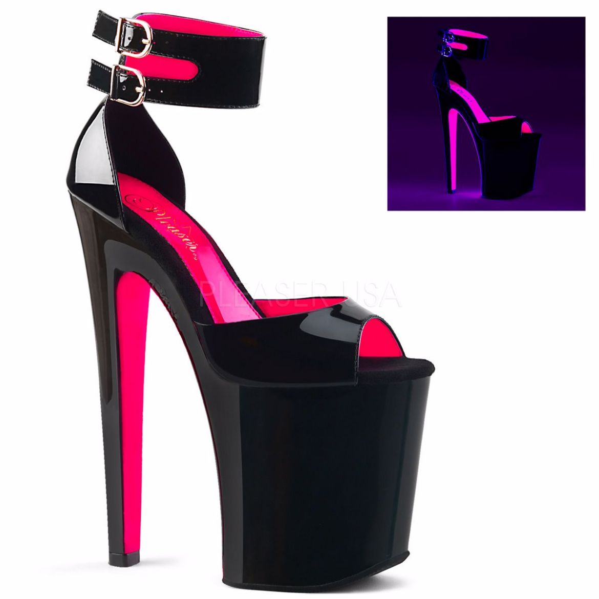 Product image of Pleaser Xtreme-875Tt Black Patent-Neon Hot Pink/Black, 8 inch (20.3 cm) Heel, 4 inch (10.2 cm) Platform Sandal Shoes