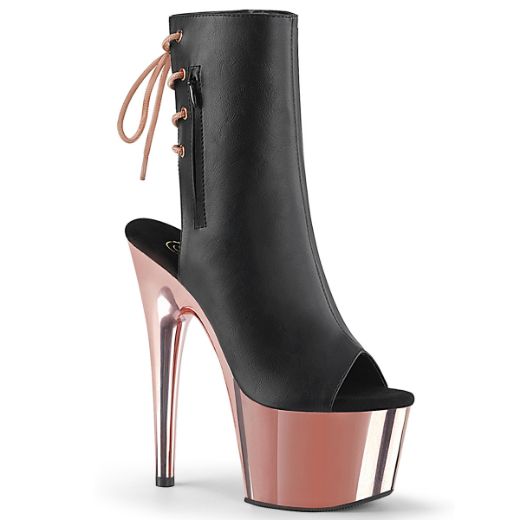 Product image of Pleaser ADORE-1018 Black Faux Leather/Rose Gold Chrome 7 inch (17.8 cm) Heel 2 3/4 inch (7 cm) Platform Open Toe/Heel Ankle Boot Side Zip