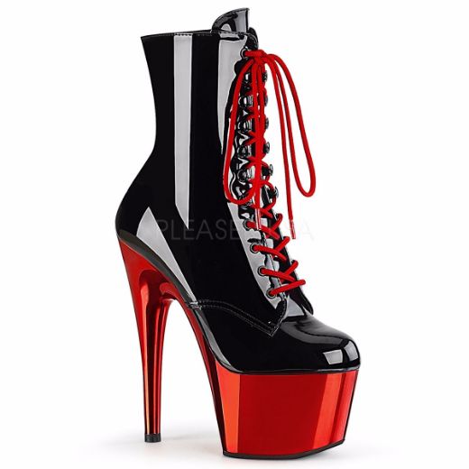 Product image of Pleaser ADORE-1020 Black Patent/Red Chrome 7 inch (17.8 cm) Heel 2 3/4 inch (7 cm) Platform Lace-Up Ankle Boot Side Zip