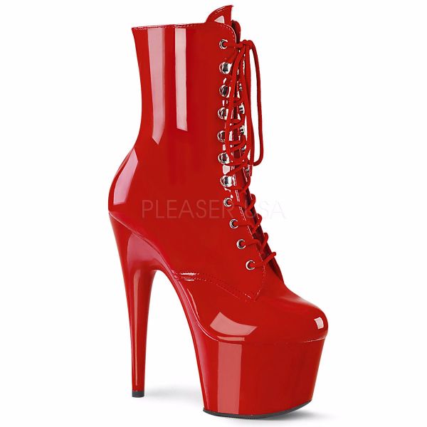 Product image of Pleaser ADORE-1020 Red Patent/Red 7 inch (17.8 cm) Heel 2 3/4 inch (7 cm) Platform Lace-Up Ankle Boot Side Zip