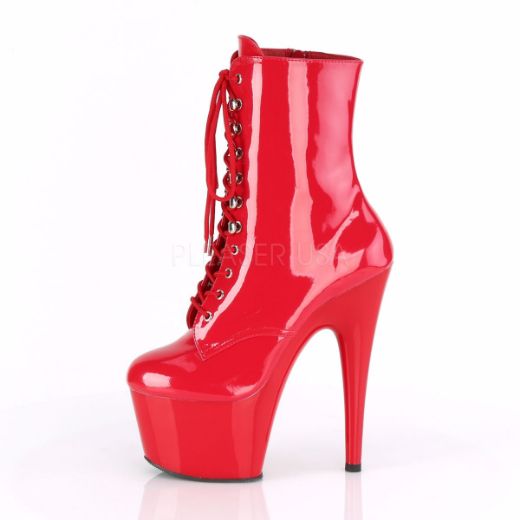 Product image of Pleaser ADORE-1020 Red Patent/Red 7 inch (17.8 cm) Heel 2 3/4 inch (7 cm) Platform Lace-Up Ankle Boot Side Zip