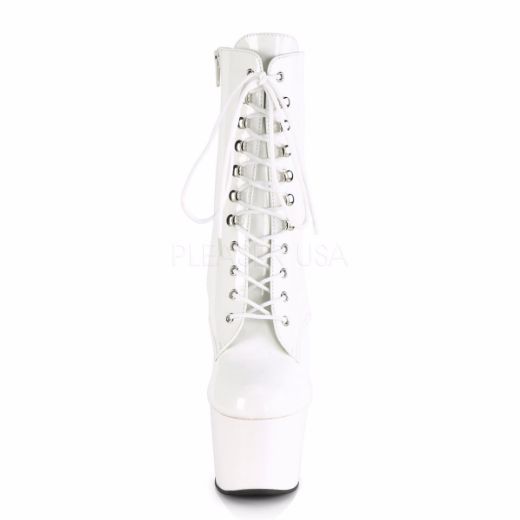 Product image of Pleaser ADORE-1020 White Patent/White 7 inch (17.8 cm) Heel 2 3/4 inch (7 cm) Platform Lace-Up Ankle Boot Side Zip