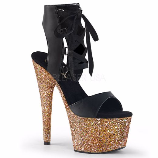 Product image of Pleaser ADORE-700-14LG Black Faux Leather/Rose Gold Multicolour Glitter 7 inch (17.8 cm) Heel 2 3/4 inch (7 cm) Platform Front Lace-Up Sandal Shoes