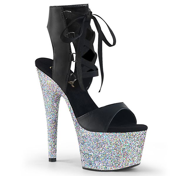 Product image of Pleaser ADORE-700-14LG Black Faux Leather/Silver Multicolour Glitter 7 inch (17.8 cm) Heel 2 3/4 inch (7 cm) Platform Front Lace-Up Sandal Shoes