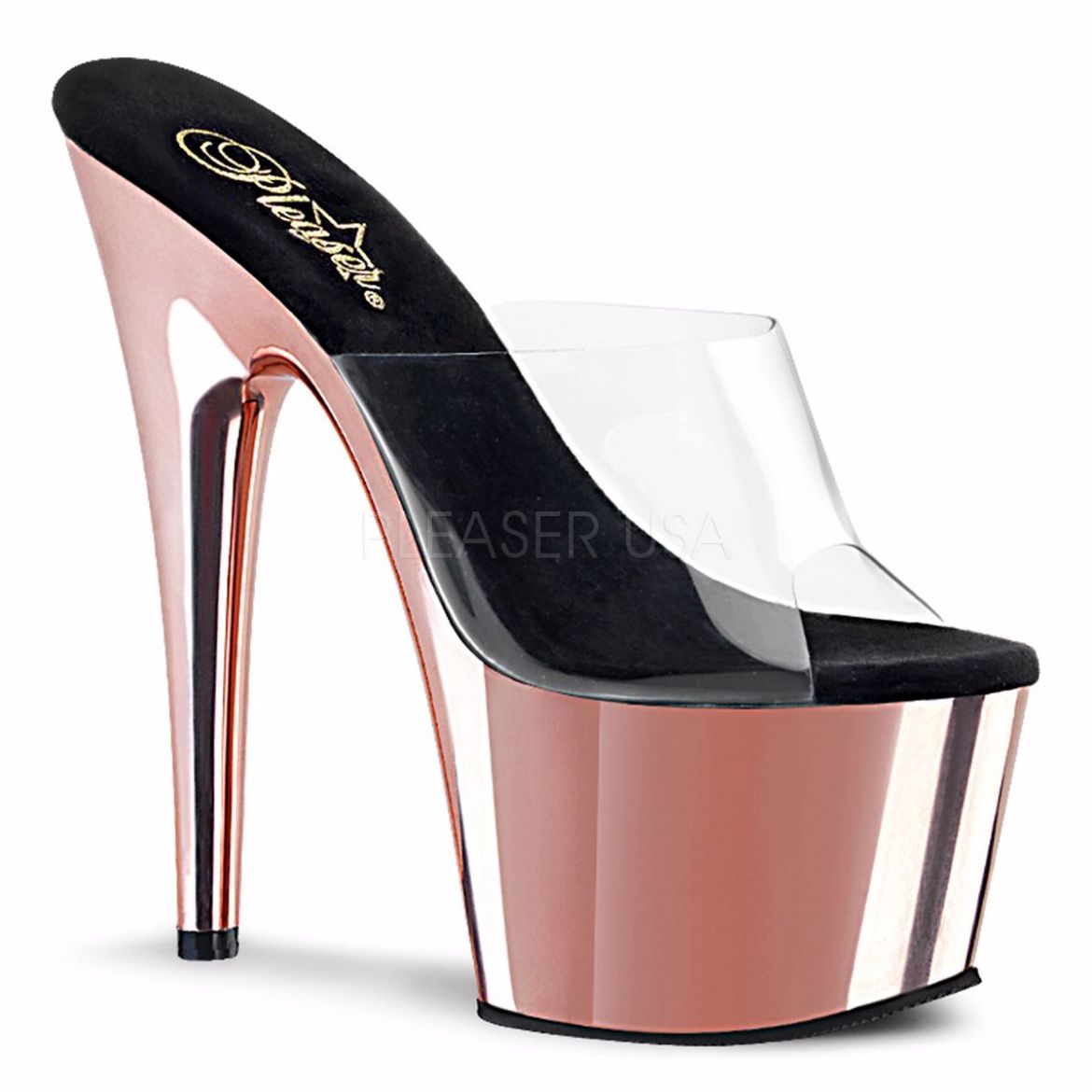 Product image of Pleaser ADORE-701 Clear/Rose Gold Chrome 7 inch (17.8 cm) Heel 2 3/4 inch (7 cm) Chrome Plated Platform Slide Slide Mule Shoes