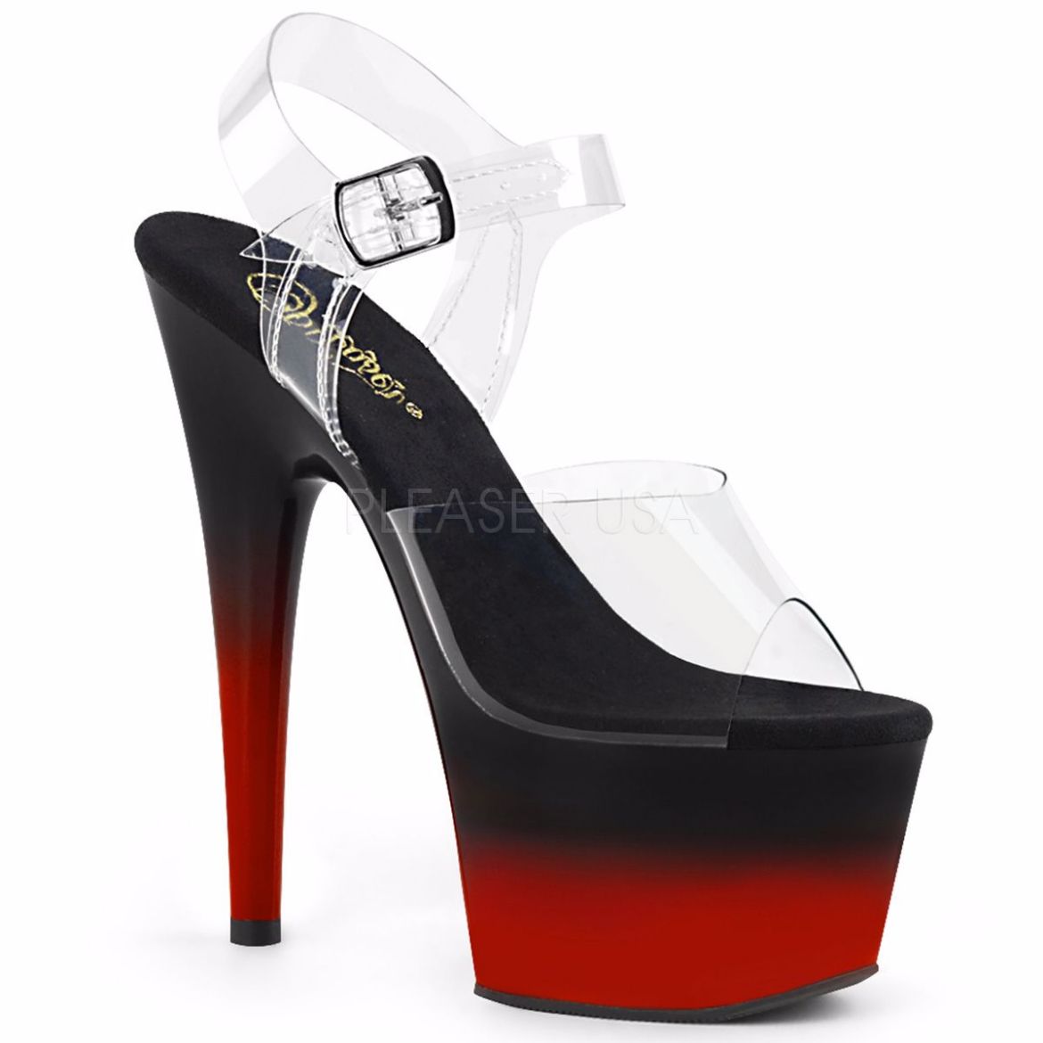 Product image of Pleaser ADORE-708BR-H Clear/Black-Red 7 inch (17.8 cm) Heel 2 3/4 inch (7 cm) Platform Two Tone Ankle Strap Sandal Shoes
