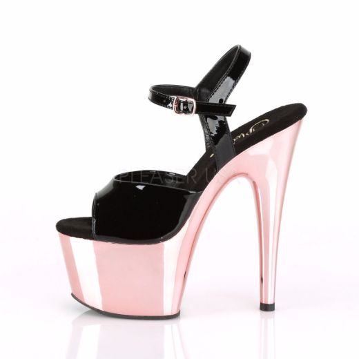 Product image of Pleaser ADORE-709 Black Patent/Rose Gold Chrome 7 inch (17.8 cm) Heel 2 3/4 inch (7 cm) Platform Ankle Strap Sandal Shoes