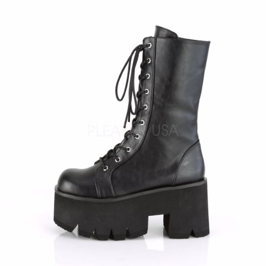Product image of Demonia ASHES-105 Black Vegan Faux Leather 3 1/2 inch (9 cm) Chunky Heel 2 1/4 inch (5.7 cm) Platform Lace-Up Mid-Calf Bt Side Zip