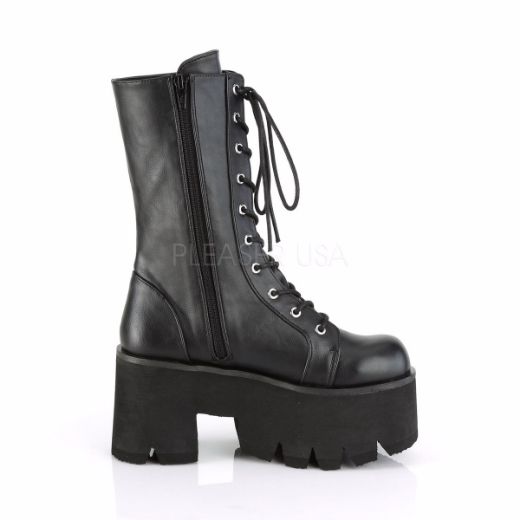 Product image of Demonia ASHES-105 Black Vegan Faux Leather 3 1/2 inch (9 cm) Chunky Heel 2 1/4 inch (5.7 cm) Platform Lace-Up Mid-Calf Bt Side Zip