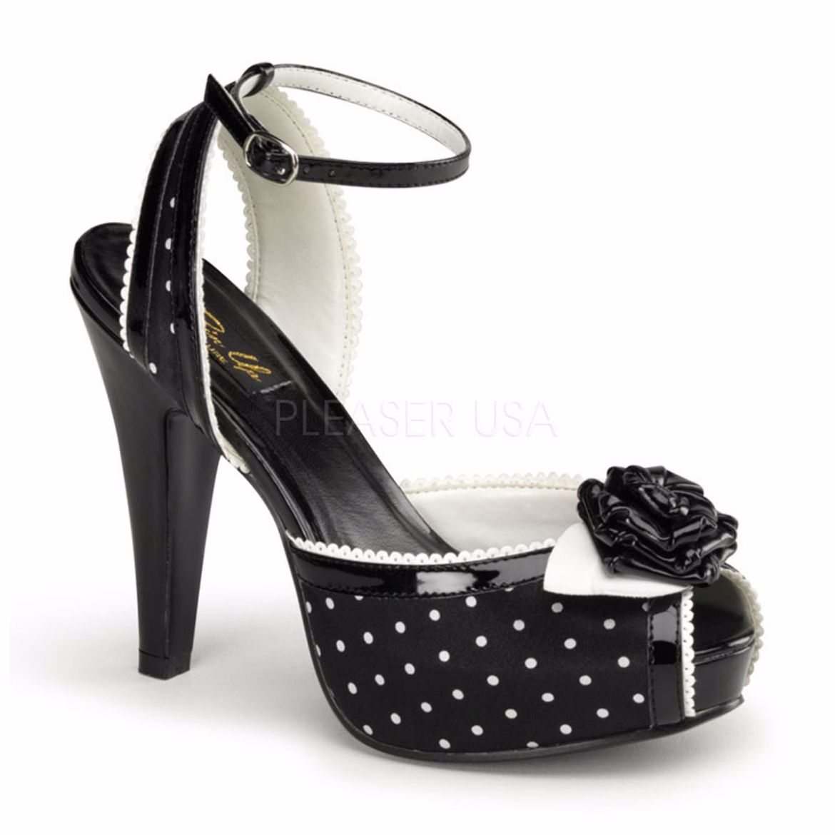 Product image of Pin Up Couture BETTIE-06 Black Satin (Polka Polka Dots Print Print) 4 1/2 inch (11.4 cm) Heel 1 inch (2.5 cm) Hidden Platform Peep Toe Ankle Strap Sandal Shoes