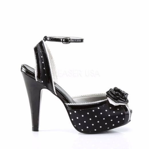 Product image of Pin Up Couture BETTIE-06 Black Satin (Polka Polka Dots Print Print) 4 1/2 inch (11.4 cm) Heel 1 inch (2.5 cm) Hidden Platform Peep Toe Ankle Strap Sandal Shoes