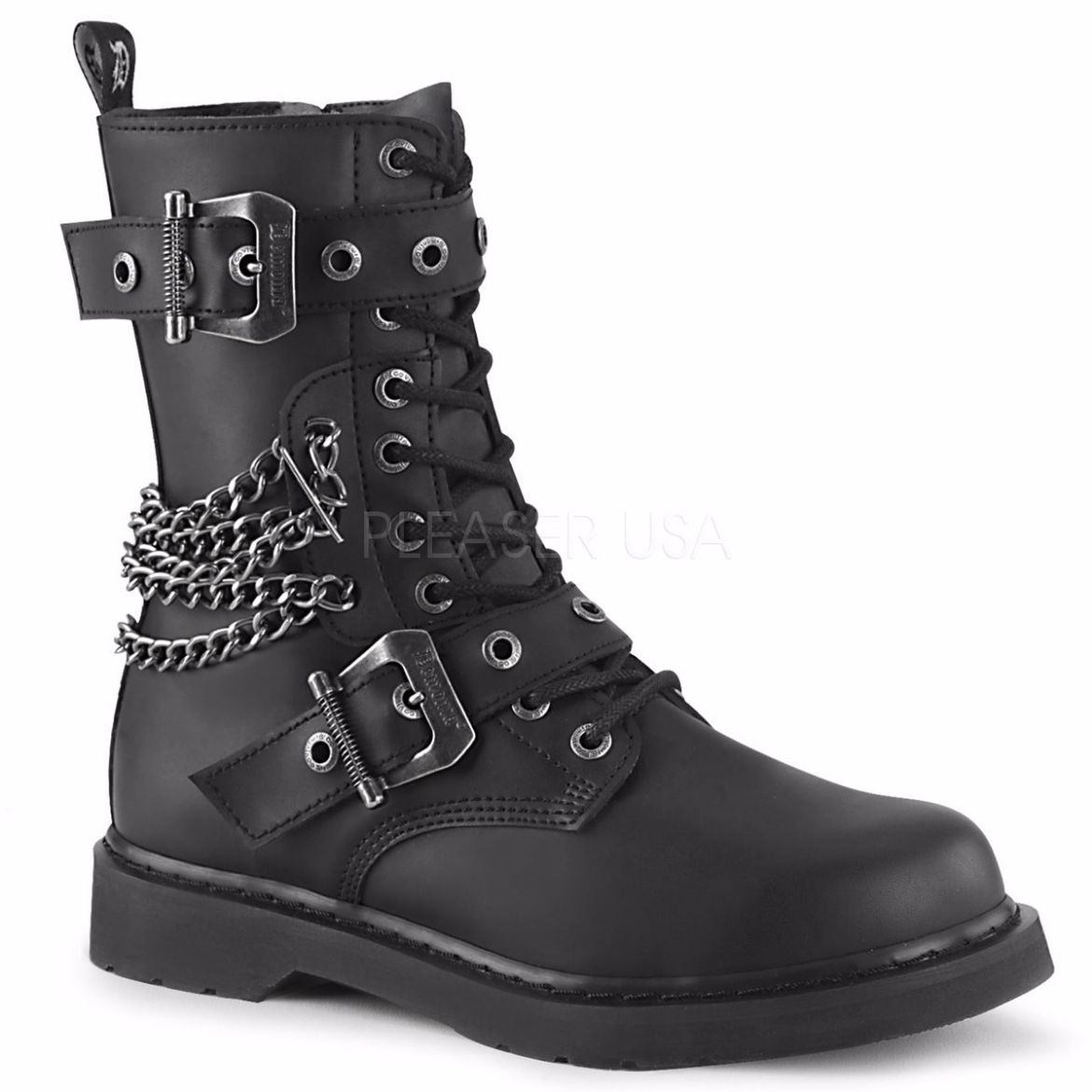 Product image of Demonia Bolts-250 Black Vegan Faux Leather 1 1/4 inch (3.2 cm) Heel 10 Eyelet  Mid-Calf Combat Boot Side Zip
