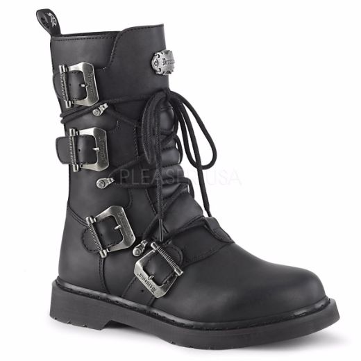 Product image of Demonia Bolts-265 Black Vegan Faux Leather 1 1/4 inch (3.2 cm) Heel Mid-Calf Combat Boot Side Zip