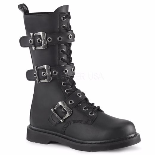 Product image of Demonia Bolts-330 Black Vegan Faux Leather 1 1/4 inch (3.2 cm) Heel 14 Eyelet Mid-Calf Combat Boot Side Zip