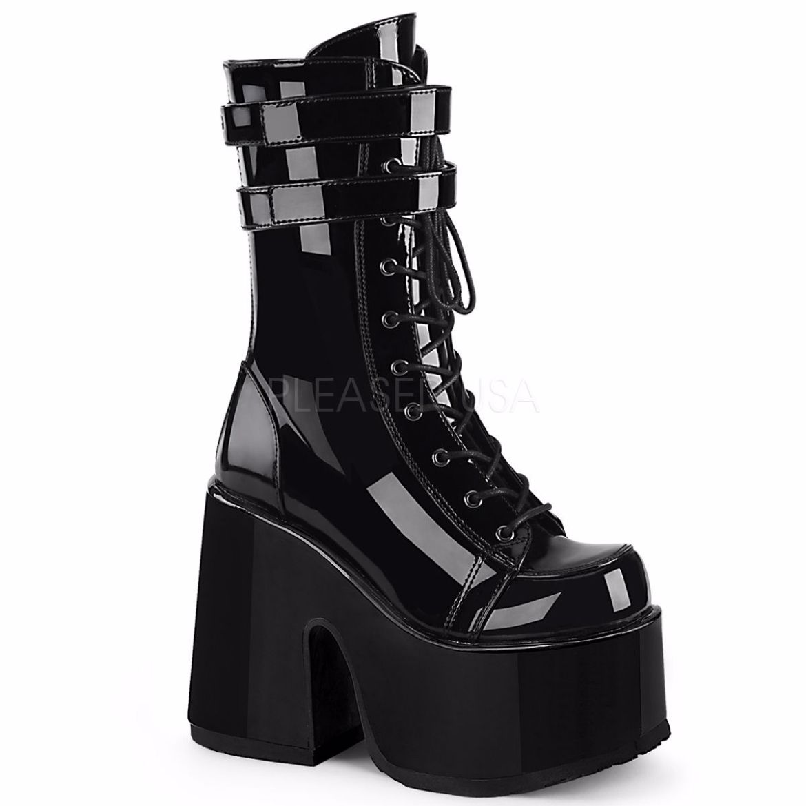 Product image of Demonia CAMEL-250 Black Patent 5 inch (12.7 cm) Chunky Heel 3 inch (7.5 cm) P/F Lace-Up Mid-Calf Boot Back Zip