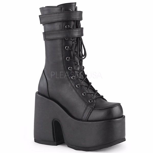 Product image of Demonia CAMEL-250 Black Vegan Faux Leather 5 inch (12.7 cm) Chunky Heel 3 inch (7.5 cm) P/F Lace-Up Mid-Calf Boot Back Zip