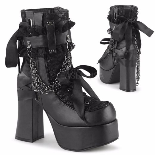 Product image of Demonia CHARADE-110 Black Vegan Faux Leather-Lace Overlay 4 1/2 inch (11.4 cm) Heel 2 inch (5.1 cm) Platform Ankle Boot Side Zip