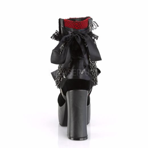 Product image of Demonia CHARADE-110 Black V Faux Leather-Red-Black Velvet-Fishnet Overlay 4 1/2 inch (11.4 cm) Heel 2 inch (5.1 cm) Platform Ankle Boot Side Zip
