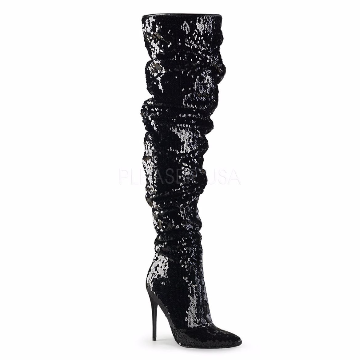 Product image of Pleaser COURTLY-3011 Black Sequins 5 inch (11.6 cm) Ruched Sequins Thigh High Boot 1/3 Side Zip Knee High Boot