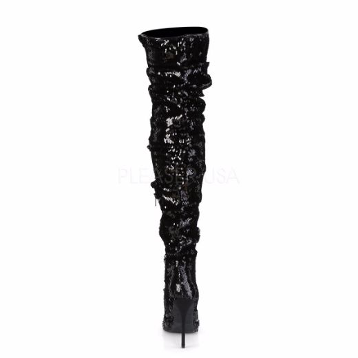 Product image of Pleaser COURTLY-3011 Black Sequins 5 inch (11.6 cm) Ruched Sequins Thigh High Boot 1/3 Side Zip Knee High Boot