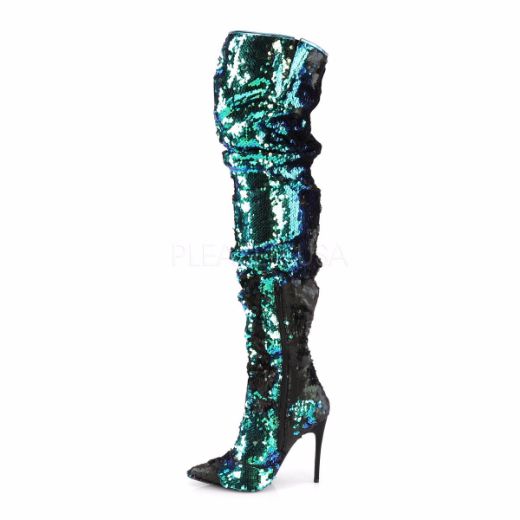 Product image of Pleaser COURTLY-3011 Green Iridescent Sequins 5 inch (11.6 cm) Ruched Sequins Thigh High Boot 1/3 Side Zip Knee High Boot