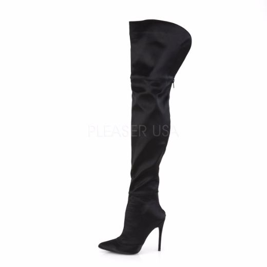 Product image of Pleaser COURTLY-3012 Black Stretch Satin 5 inch (11.6 cm) Stretch Thigh High Boot Back Zip