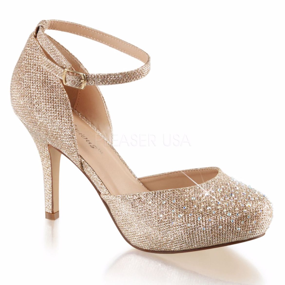 Product image of Fabulicious COVET-03 Nude Glitter Mesh Fabric 3 1/2 inch (8.9 cm) Heel 1/2 inch (1.3 cm) Hidden Platform Ankle Strap D'orsay Pump Court Pump Shoes