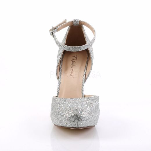 Product image of Fabulicious COVET-03 Silver Glitter Mesh Fabric 3 1/2 inch (8.9 cm) Heel 1/2 inch (1.3 cm) Hidden Platform Ankle Strap D'orsay Pump Court Pump Shoes