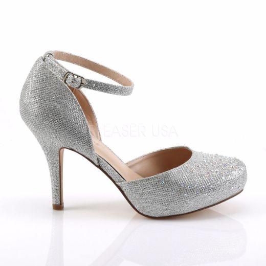 Product image of Fabulicious COVET-03 Silver Glitter Mesh Fabric 3 1/2 inch (8.9 cm) Heel 1/2 inch (1.3 cm) Hidden Platform Ankle Strap D'orsay Pump Court Pump Shoes