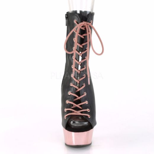Product image of Pleaser DELIGHT-1016 Black Faux Leather/Rose Gold Chrome 6 inch (15.2 cm) Heel 1 3/4 inch (4.5 cm) Platform Open Toe/Heel Ankle Boot Side Zip