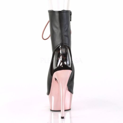 Product image of Pleaser DELIGHT-1016 Black Faux Leather/Rose Gold Chrome 6 inch (15.2 cm) Heel 1 3/4 inch (4.5 cm) Platform Open Toe/Heel Ankle Boot Side Zip