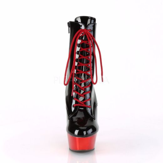 Product image of Pleaser DELIGHT-1020 Black Patent/Red Chrome 6 inch (15.2 cm) Heel 1 3/4 inch (4.5 cm) Platform Lace-Up Ankle Boot Side Zip