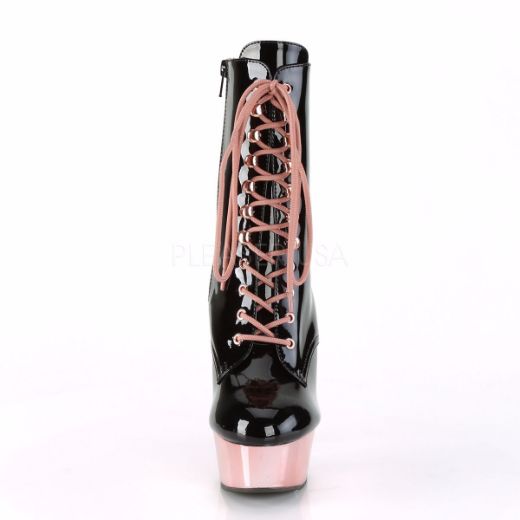 Product image of Pleaser DELIGHT-1020 Black Patent/Rose Gold Chrome 6 inch (15.2 cm) Heel 1 3/4 inch (4.5 cm) Platform Lace-Up Ankle Boot Side Zip