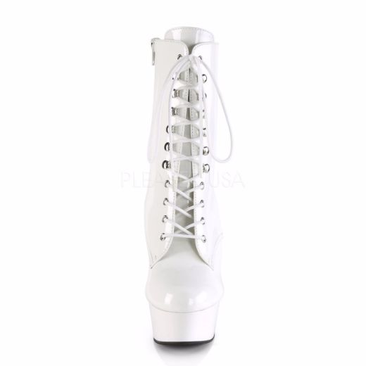 Product image of Pleaser DELIGHT-1020 White Patent/White 6 inch (15.2 cm) Heel 1 3/4 inch (4.5 cm) Platform Lace-Up Ankle Boot Side Zip