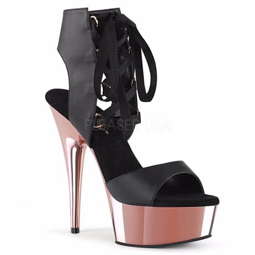 Product image of Pleaser DELIGHT-600-14 Black Faux Leather/Rose Gold Chrome 6 inch (15.2 cm) Heel 1 3/4 inch (4.5 cm) Platform Front Lace-Up Sandal Shoes