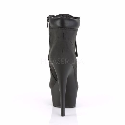 Product image of Pleaser DELIGHT-600TL-02 Black Faux Suede Faux Leather/Black Matte 6 inch (15.2 cm) Heel 1 3/4 inch (4.5 cm) Platform Lace-Up Front Bootie Side Zip