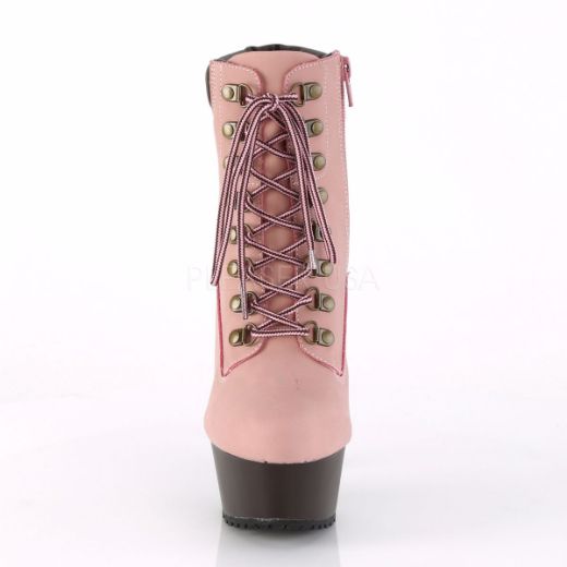 Product image of Pleaser DELIGHT-600TL-02 Baby Pink Faux Suede Faux Leather/D Brown Matte 6 inch (15.2 cm) Heel 1 3/4 inch (4.5 cm) Platform Lace-Up Front Bootie Side Zip