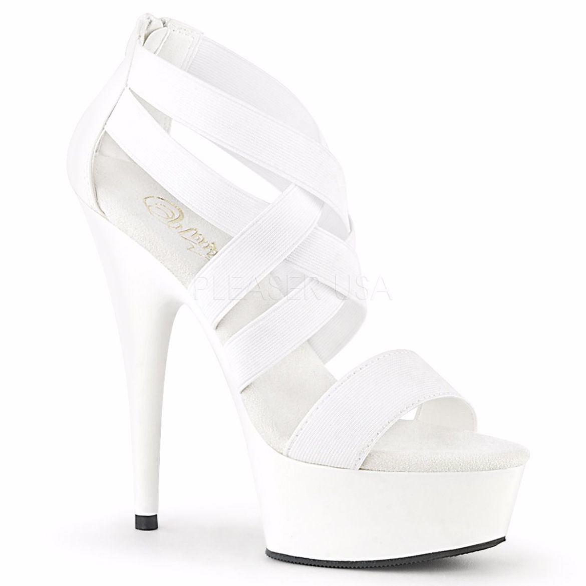 Product image of Pleaser DELIGHT-669 White Elastic Band-Faux Leather/White 6 inch (15.2 cm) Heel 1 3/4 inch (4.5 cm) Platform Criss Cross Sandal Back Zip Shoes