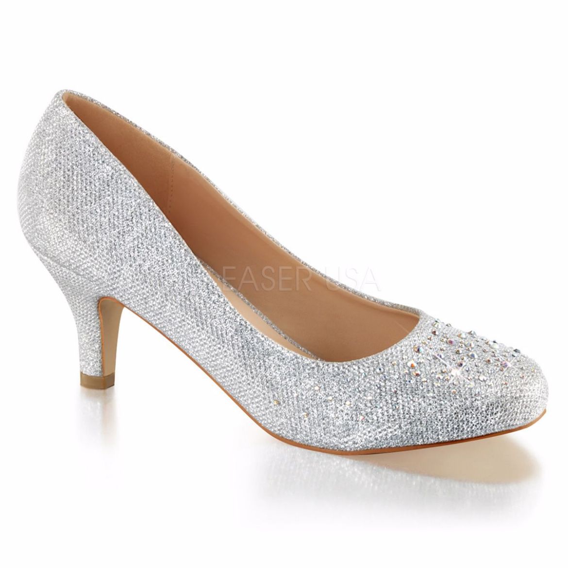 Product image of Fabulicious DORIS-06 Silver Glitter Mesh Fabric 2 1/2 inch (6.4 cm) Kitten Heel Pump Embellished With Rhinestones Glitter Court Pump Shoes