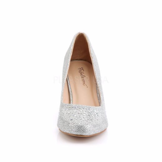 Product image of Fabulicious DORIS-06 Silver Glitter Mesh Fabric 2 1/2 inch (6.4 cm) Kitten Heel Pump Embellished With Rhinestones Glitter Court Pump Shoes