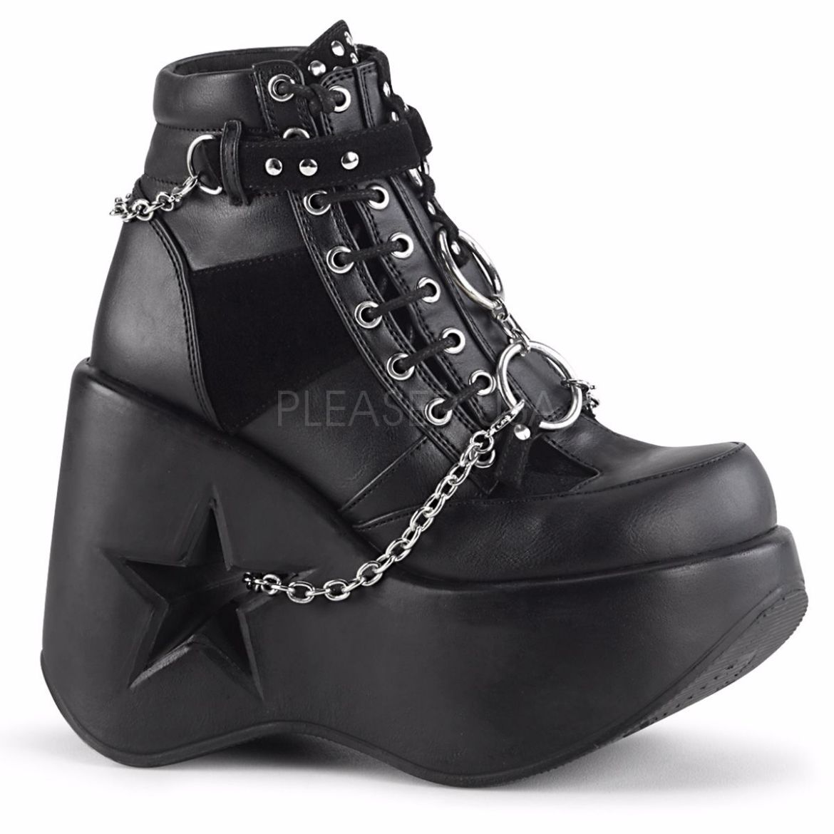 Product image of Demonia DYNAMITE-101 Black Vegan Faux Leather-Vegan Faux Suede 5 inch Stars Cutout Platform Wedge Side Lace-Up Ankle Boot Side Zip