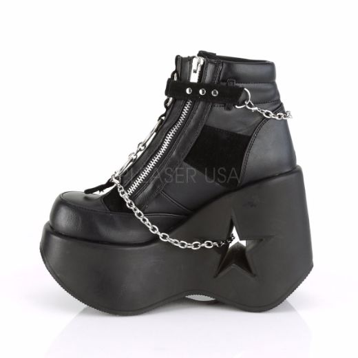 Product image of Demonia DYNAMITE-101 Black Vegan Faux Leather-Vegan Faux Suede 5 inch Stars Cutout Platform Wedge Side Lace-Up Ankle Boot Side Zip