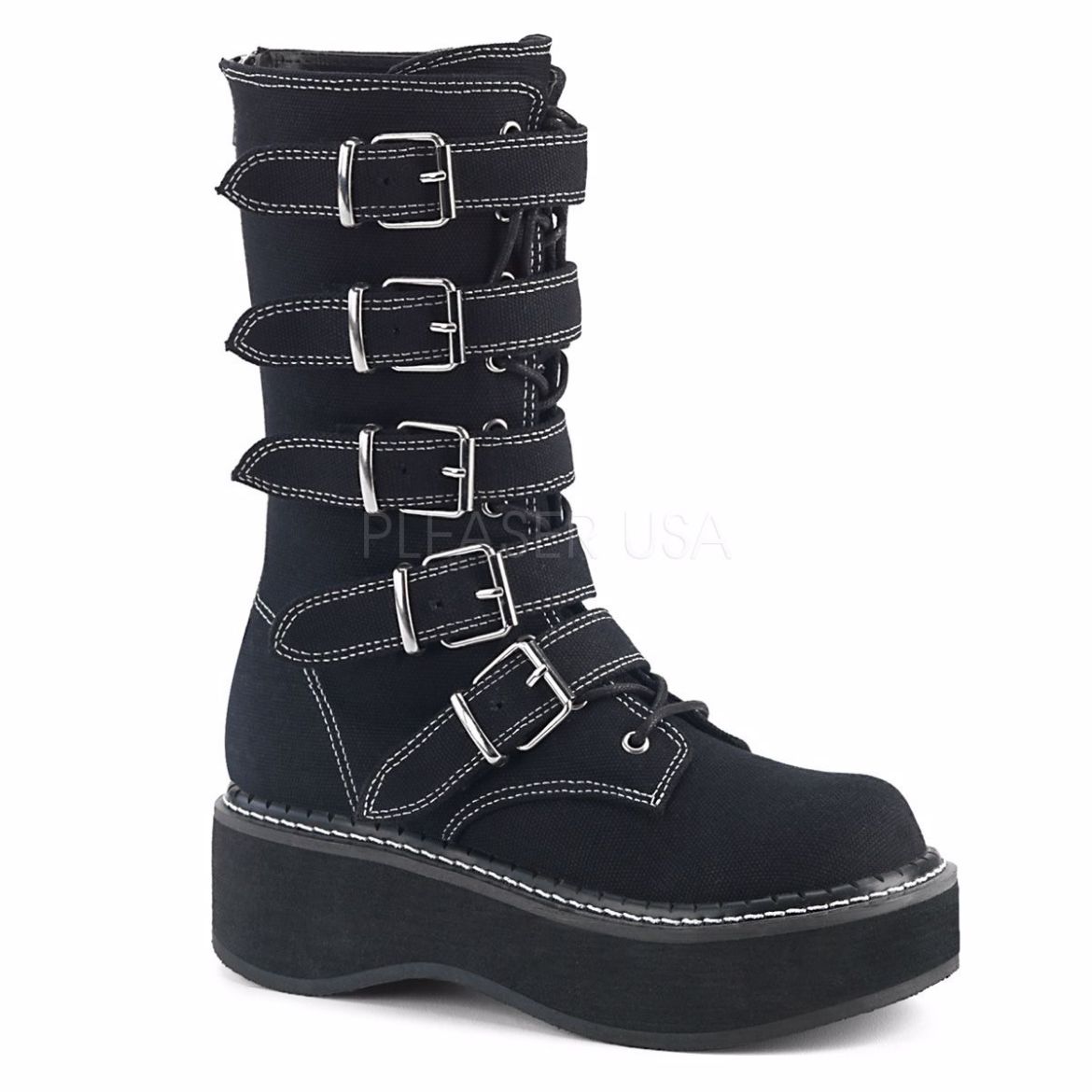 Product image of Demonia EMILY-341 Black Canvas 2 inch Platform Mid-Calf Boot With  5 Buckles Straps Metal Back Zip